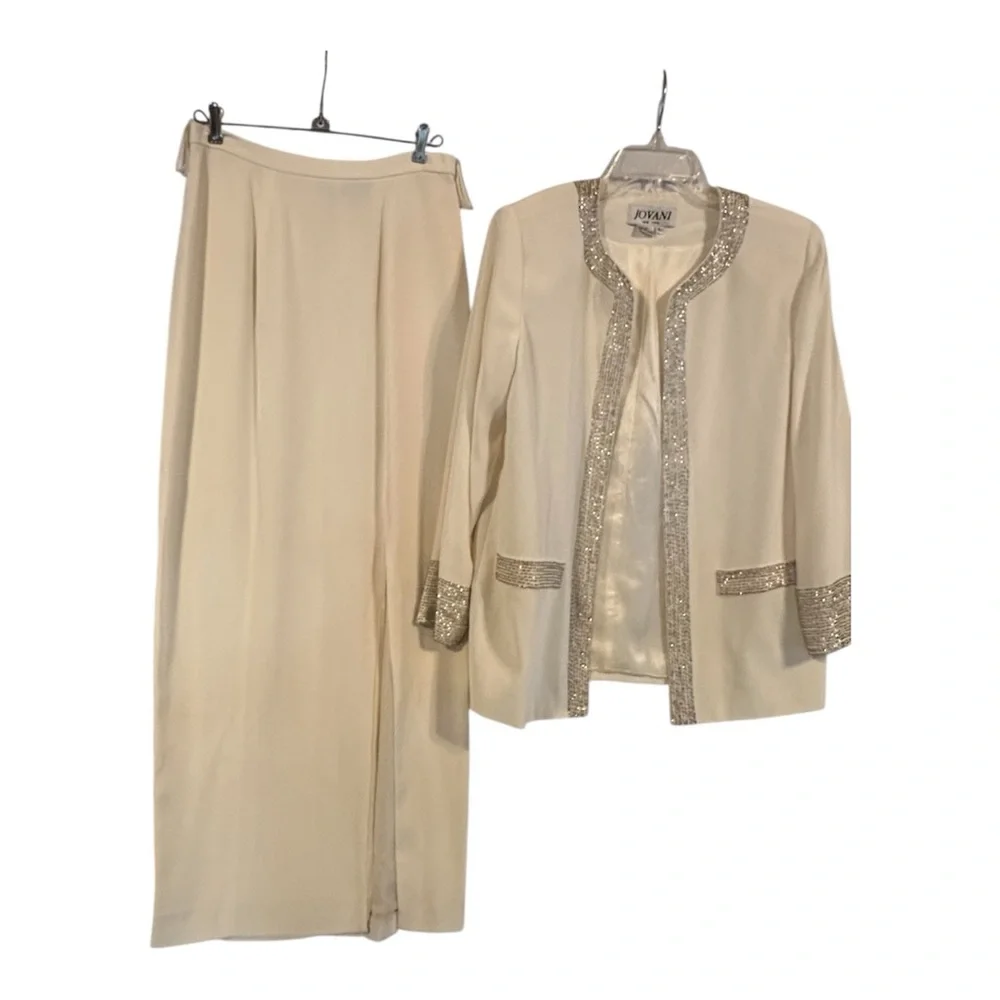 Jovani 100% Silk Beaded 3-Piece Evening Skirt Suit Light Cream Size 8